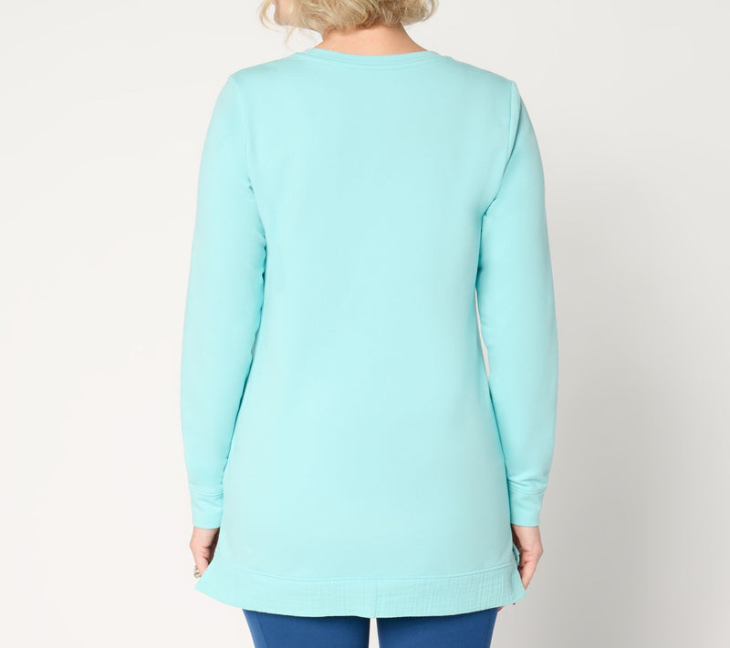 Denim & Co. Active Petite French Terry Tunic with Gauze Detail — View 12