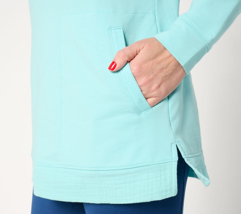 Denim & Co. Active Petite French Terry Tunic with Gauze Detail — View 14
