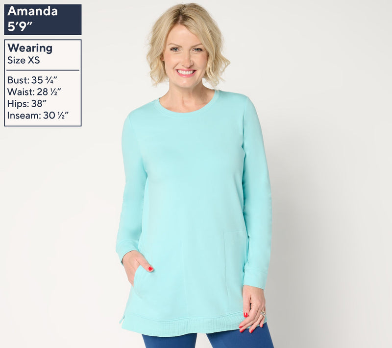 Denim & Co. Active Petite French Terry Tunic with Gauze Detail — View 11