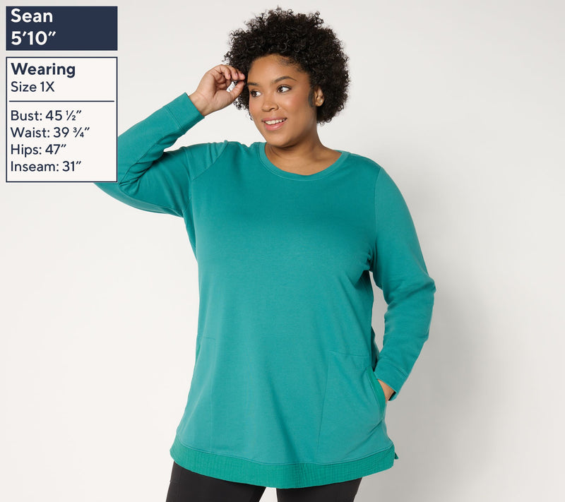 Denim & Co. Active Petite French Terry Tunic with Gauze Detail — View 10