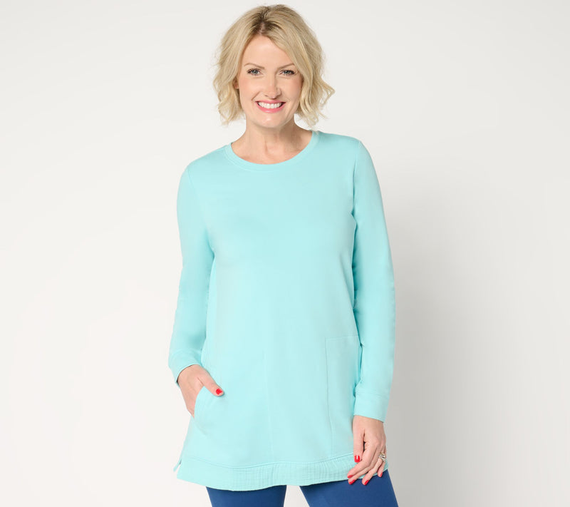 Denim & Co. Active Petite French Terry Tunic with Gauze Detail — View 7