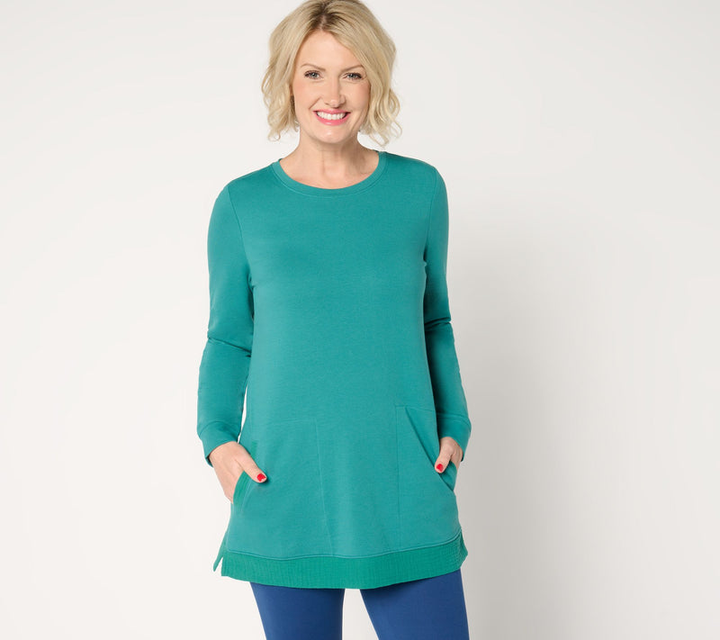 Denim & Co. Active Petite French Terry Tunic with Gauze Detail — View 9