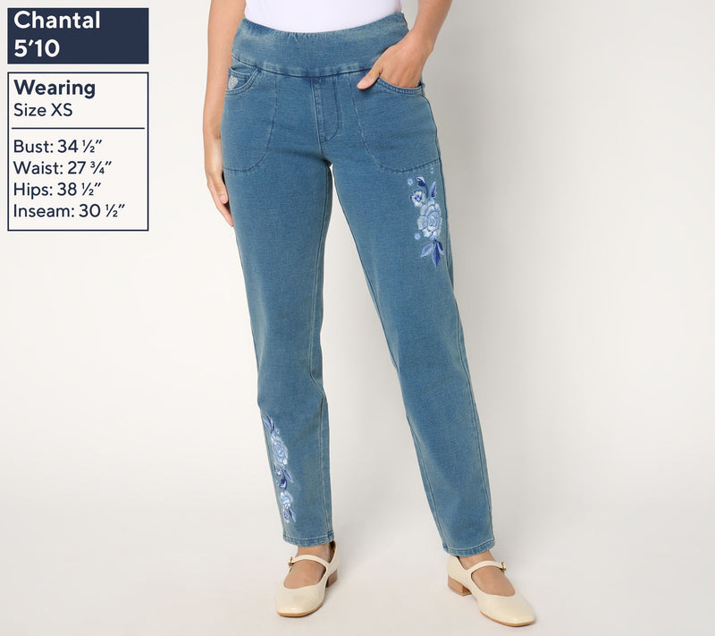 Quacker Factory DreamJeannes Regular Flat Waist Indigo Floral Jean — View 5