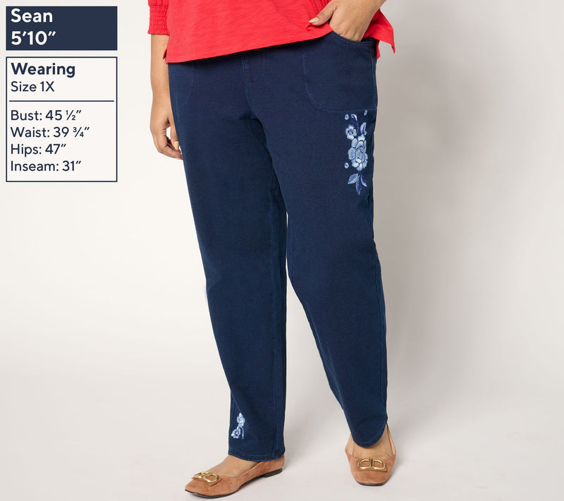 Quacker Factory DreamJeannes Regular Flat Waist Indigo Floral Jean — View 4