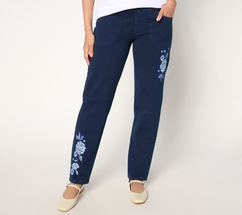 Quacker Factory DreamJeannes Regular Flat Waist Indigo Floral Jean — View 11