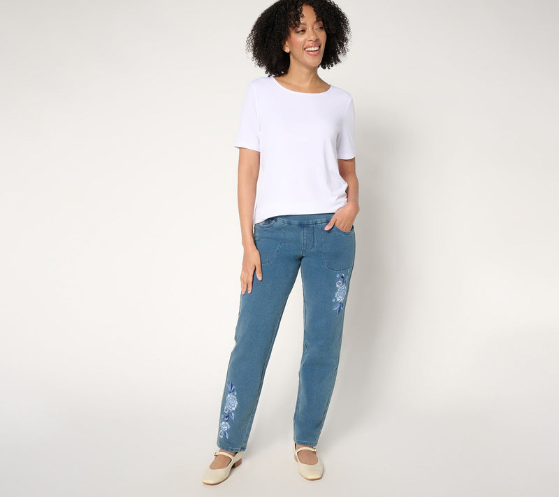 Quacker Factory DreamJeannes Short Flat Waist Floral Straight Jean — View 7