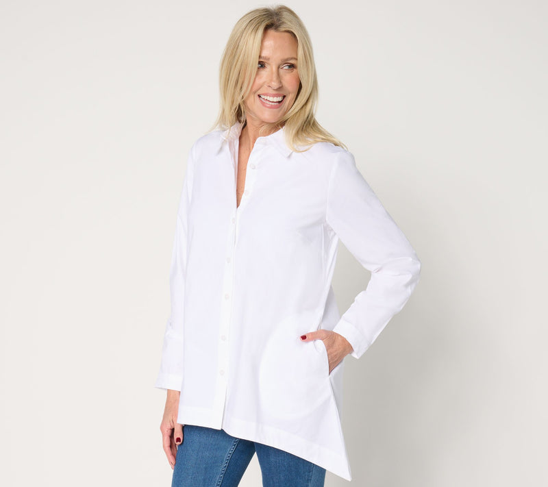 Denim & Co. Regular Button Front Poplin Tunic with Pockets — View 8