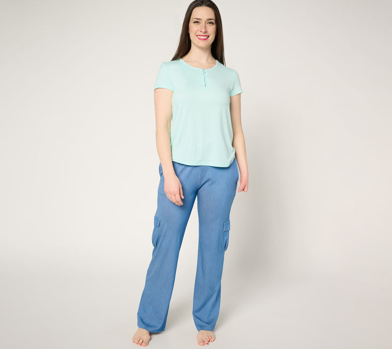 MUK LUKS Faux Denim Cargo Pant & Cloud Knit Tee Lounge Set — View 5