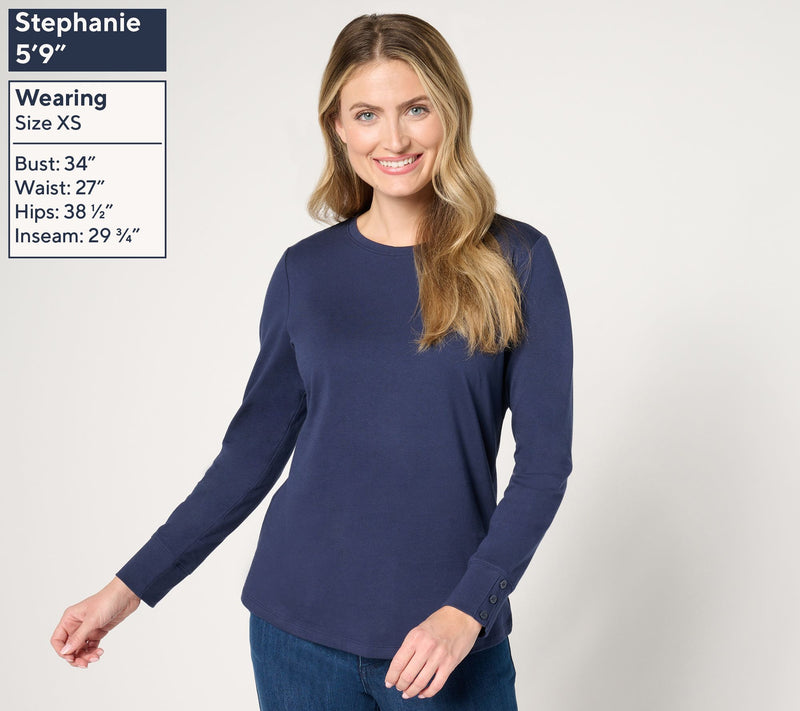 Denim & Co. Essentials Perfect Jersey Crew Neck Top w/ Button Cuff — View 10