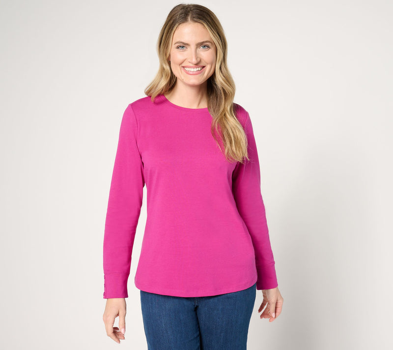 Denim & Co. Essentials Perfect Jersey Crew Neck Top w/ Button Cuff — View 5