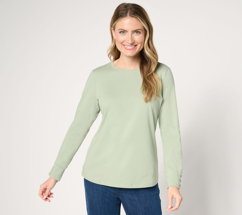 Denim & Co. Essentials Perfect Jersey Crew Neck Top w/ Button Cuff — View 3
