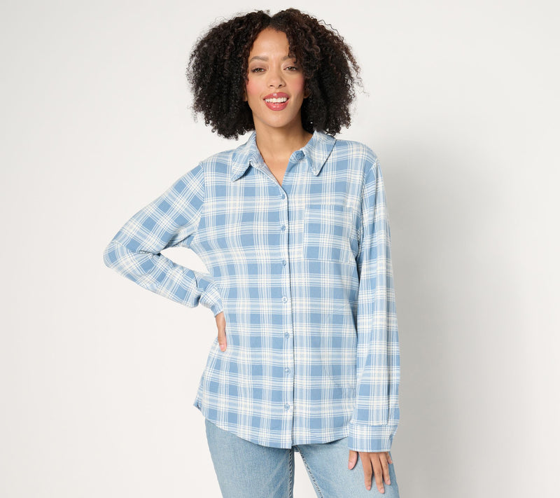 Denim & Co. Petite Heavenly Jersey Pleat Back Plaid Tunic — View 5