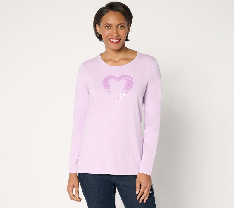 Denim & Co. Perfect Jersey Sequin Heart Round Neck Top — View 5