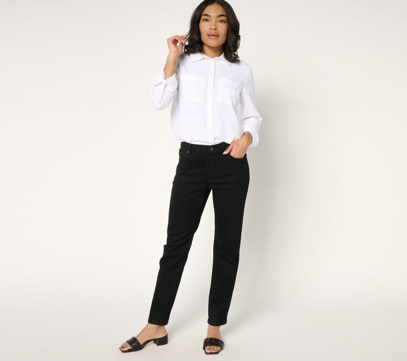 Women with Control Contour Curves Petite Black Wash Denim Pants — View 4