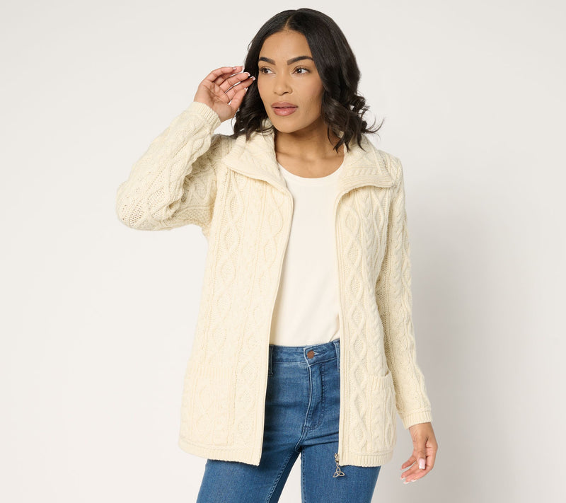 Aran Crafts Merino Wool Zip-Front Sweater with Pockets — View 15