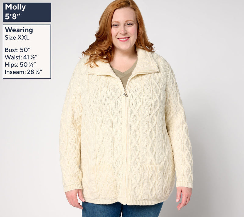 Aran Crafts Merino Wool Zip-Front Sweater with Pockets — View 2