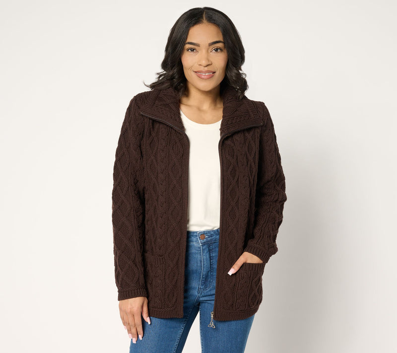 Aran Crafts Merino Wool Zip-Front Sweater with Pockets — View 17