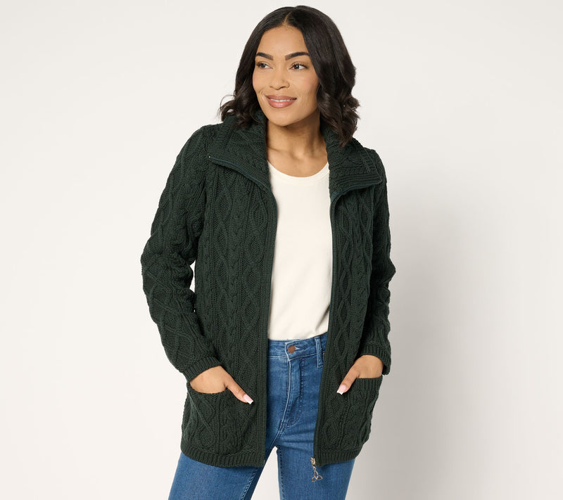 Aran Crafts Merino Wool Zip-Front Sweater with Pockets — View 18