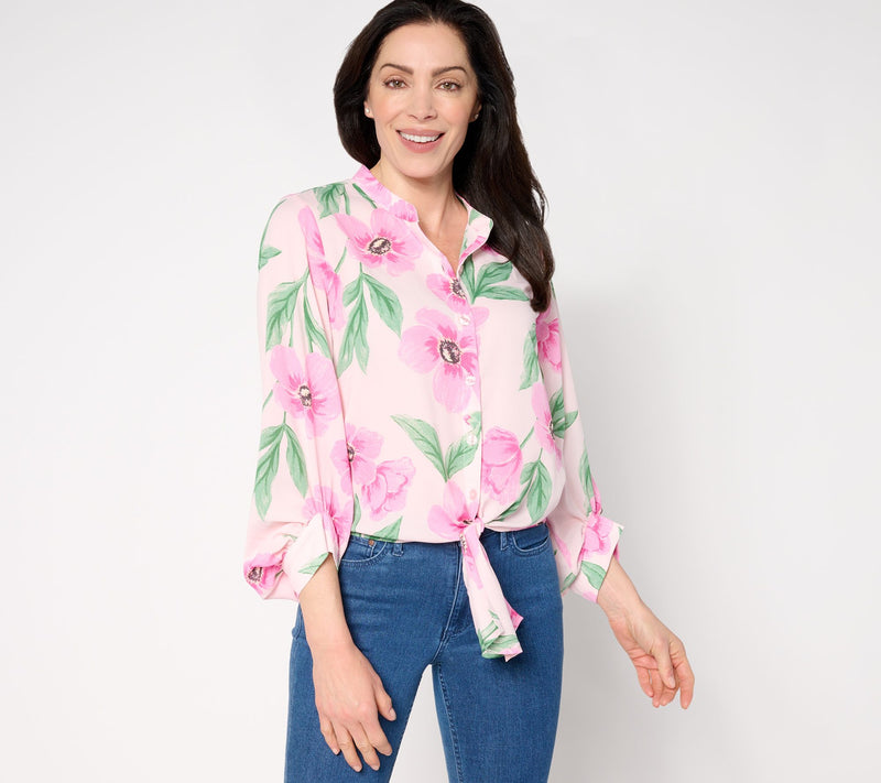 Belle by Kim Gravel Breezy Petals Button Up Tie Front Blouse — View 12