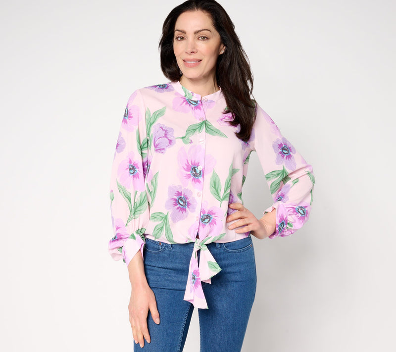 Belle by Kim Gravel Breezy Petals Button Up Tie Front Blouse — View 13