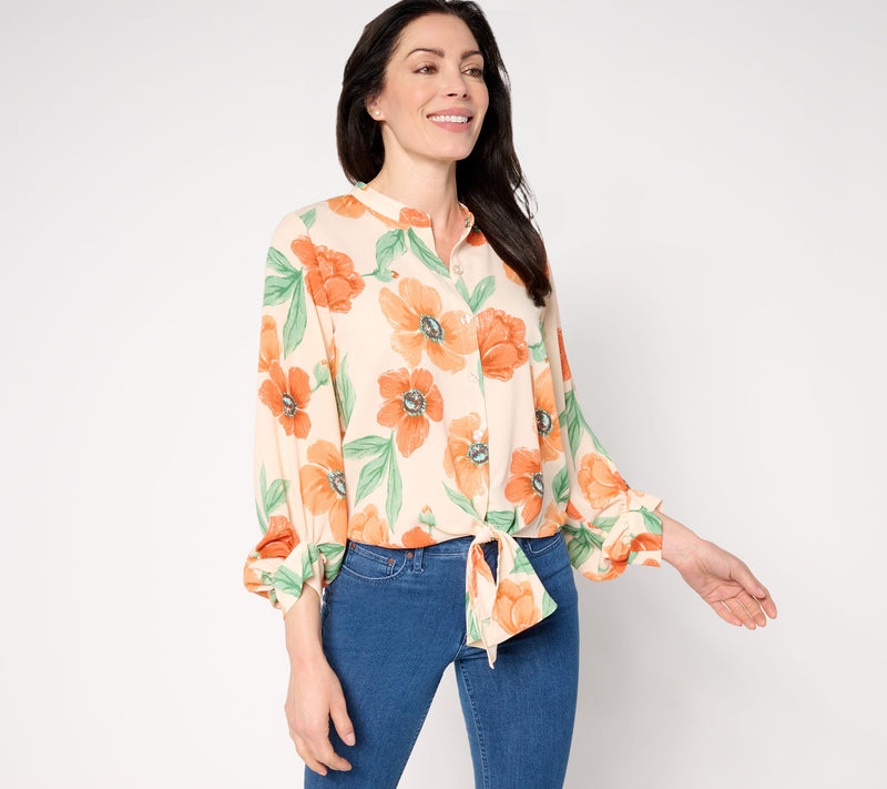 Belle by Kim Gravel Breezy Petals Button Up Tie Front Blouse — View 14