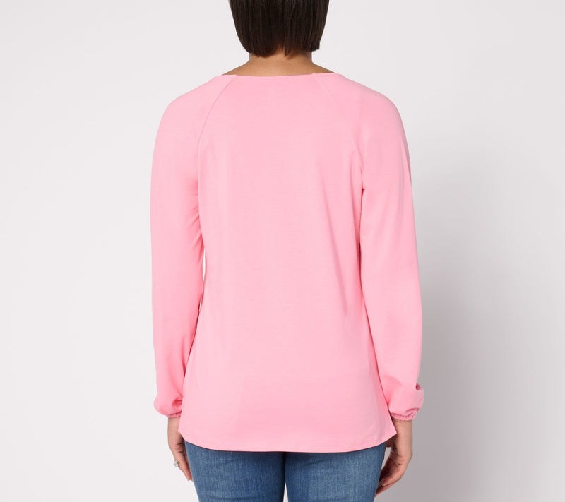 Belle by Kim Gravel TripleLuxe Knit Ruched Shoulder V-Neck Top — View 4