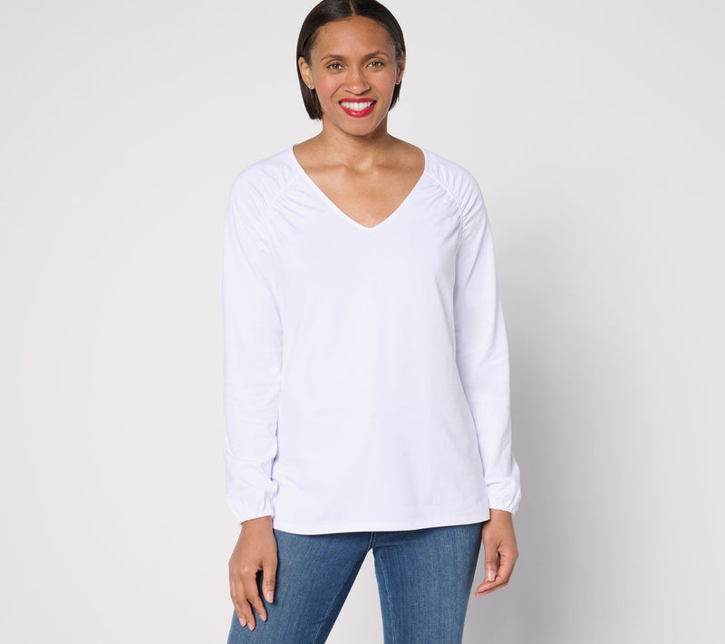 Belle by Kim Gravel TripleLuxe Knit Ruched Shoulder V-Neck Top — View 12