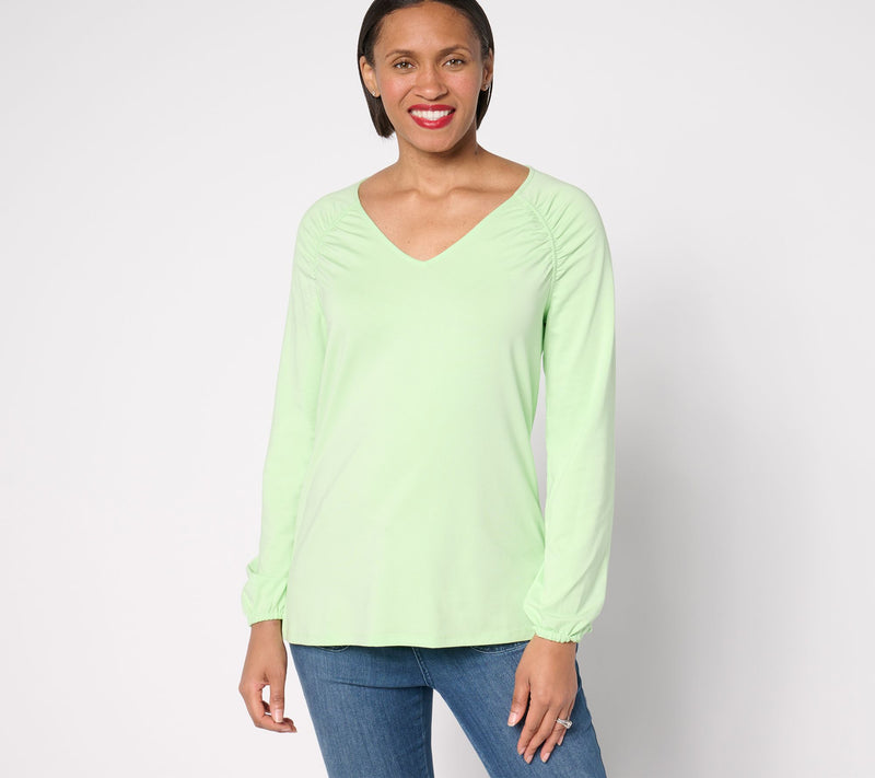Belle by Kim Gravel TripleLuxe Knit Ruched Shoulder V-Neck Top — View 13