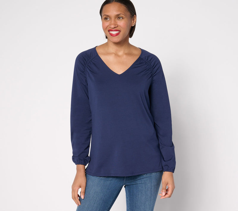 Belle by Kim Gravel TripleLuxe Knit Ruched Shoulder V-Neck Top — View 14