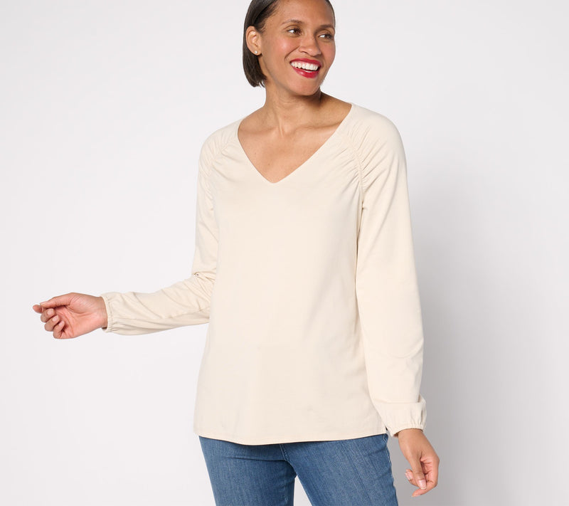 Belle by Kim Gravel TripleLuxe Knit Ruched Shoulder V-Neck Top — View 15