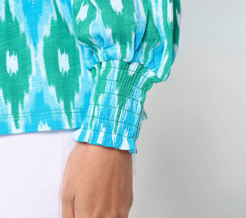 Belle by Kim Gravel Slub Knit Smocked Sleeve Printed Top — View 16