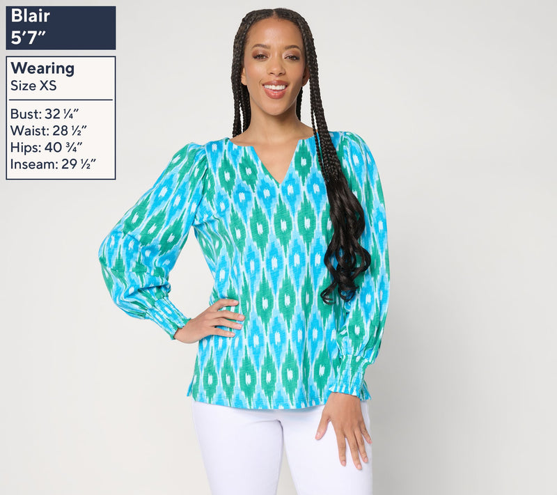 Belle by Kim Gravel Slub Knit Smocked Sleeve Printed Top — View 13