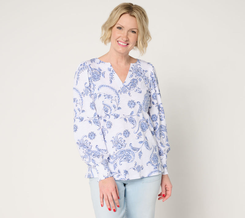 Belle by Kim Gravel Slub Knit Smocked Sleeve Printed Top — View 5