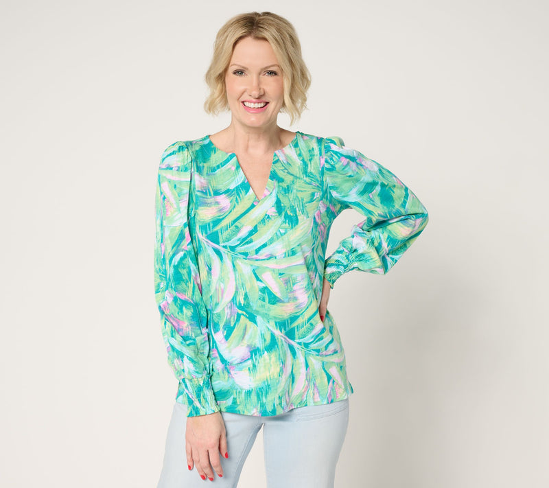 Belle by Kim Gravel Slub Knit Smocked Sleeve Printed Top — View 7