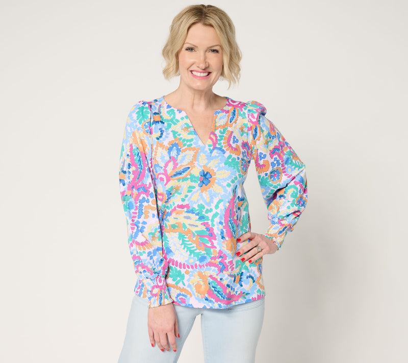 Belle by Kim Gravel Slub Knit Smocked Sleeve Printed Top — View 9
