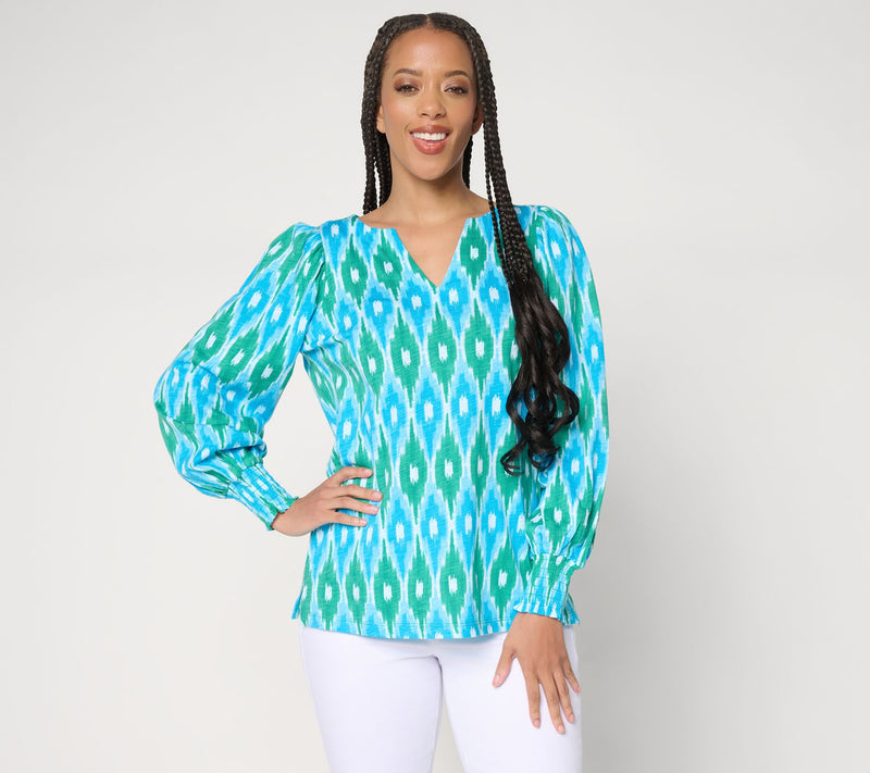 Belle by Kim Gravel Slub Knit Smocked Sleeve Printed Top — View 23