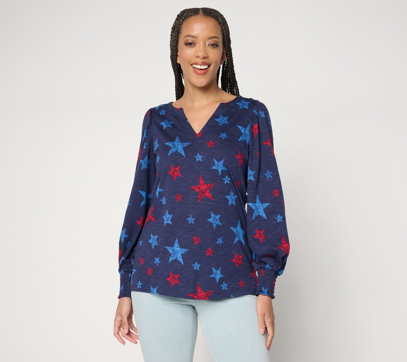 Belle by Kim Gravel Slub Knit Smocked Sleeve Printed Top — View 24