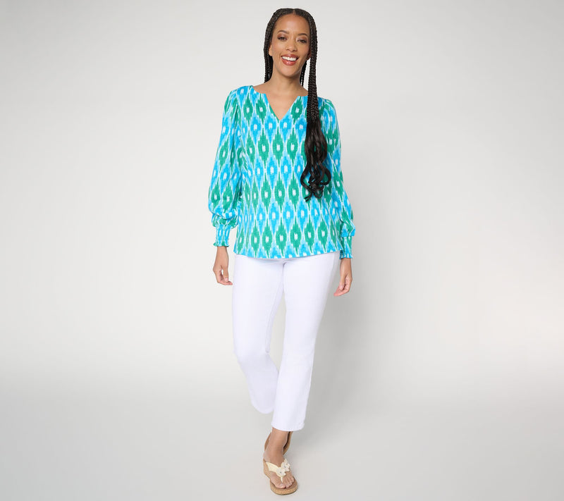 Belle by Kim Gravel Slub Knit Smocked Sleeve Printed Top — View 15