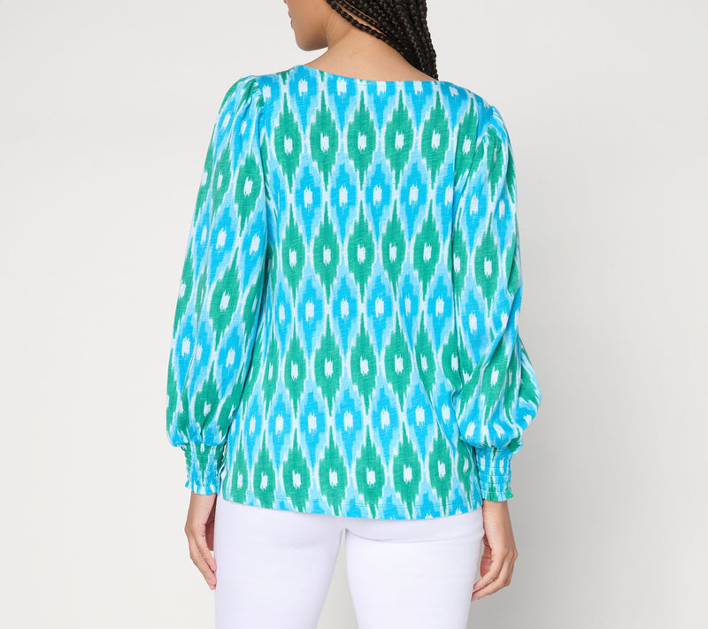 Belle by Kim Gravel Slub Knit Smocked Sleeve Printed Top — View 14