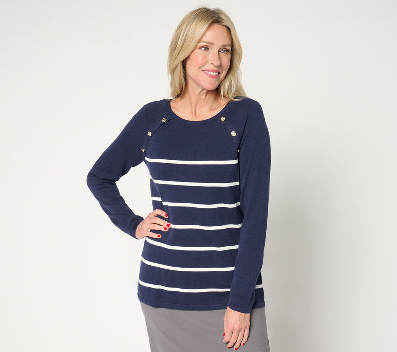 Belle by Kim Gravel Seaside Stripe Button Trim Sweater — View 13