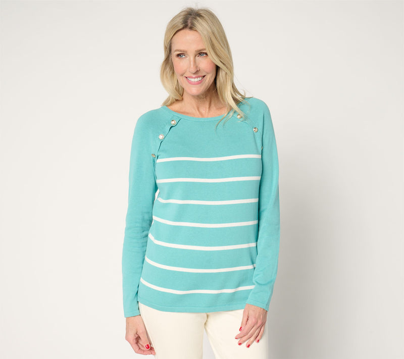 Belle by Kim Gravel Seaside Stripe Button Trim Sweater — View 15