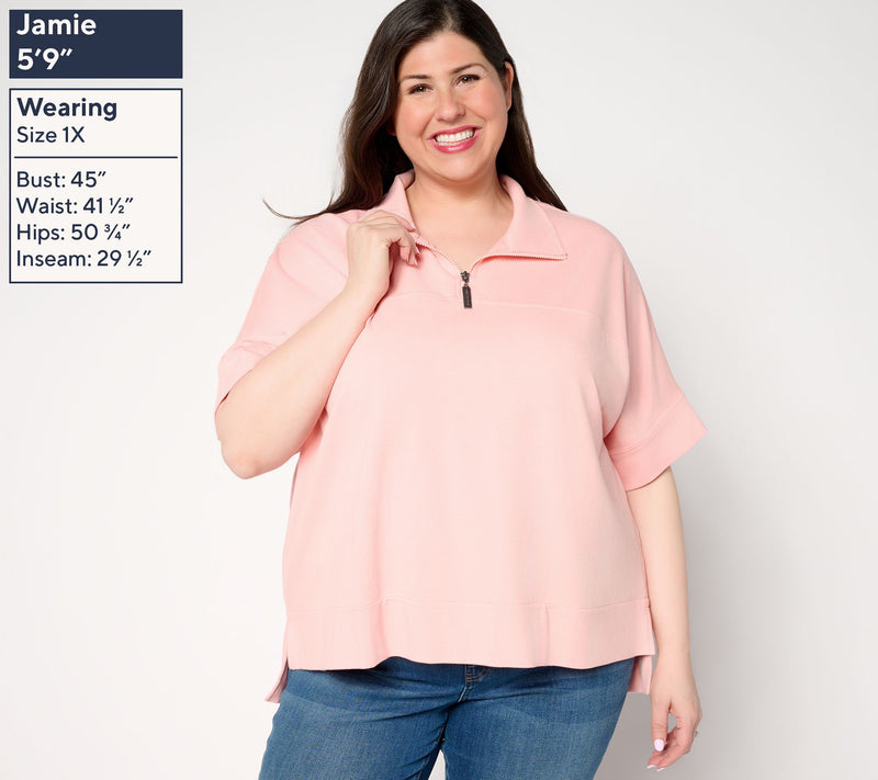 Peace Love World Zip Mock Neck Short Sleeve Top — View 2
