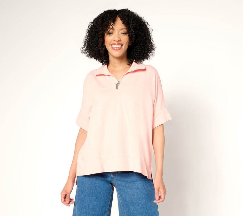 Peace Love World Zip Mock Neck Short Sleeve Top — View 14