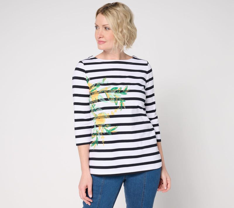 Sport Savvy Printed Knit Floral Striped 3/4 Sleeve Top w/ Side Slits — View 11