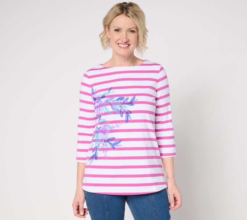 Sport Savvy Printed Knit Floral Striped 3/4 Sleeve Top w/ Side Slits — View 12