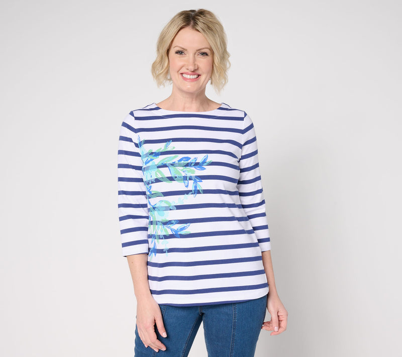 Sport Savvy Printed Knit Floral Striped 3/4 Sleeve Top w/ Side Slits — View 13