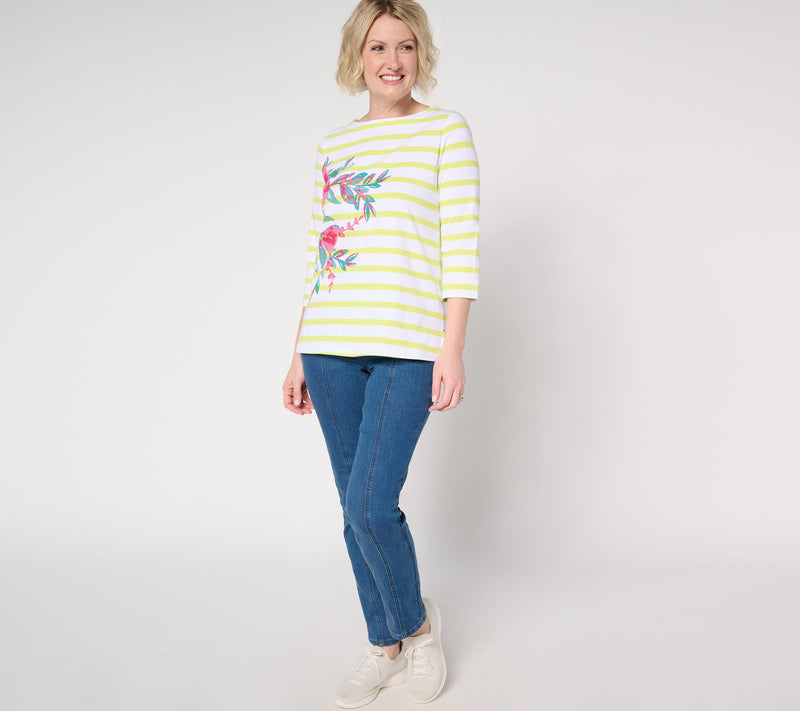 Sport Savvy Printed Knit Floral Striped 3/4 Sleeve Top w/ Side Slits — View 5