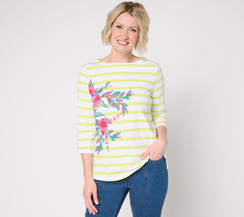 Sport Savvy Printed Knit Floral Striped 3/4 Sleeve Top w/ Side Slits — View 14