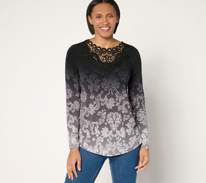 Susan Graver Regular Printed Liquid Knit Top with Lace Applique — View 7