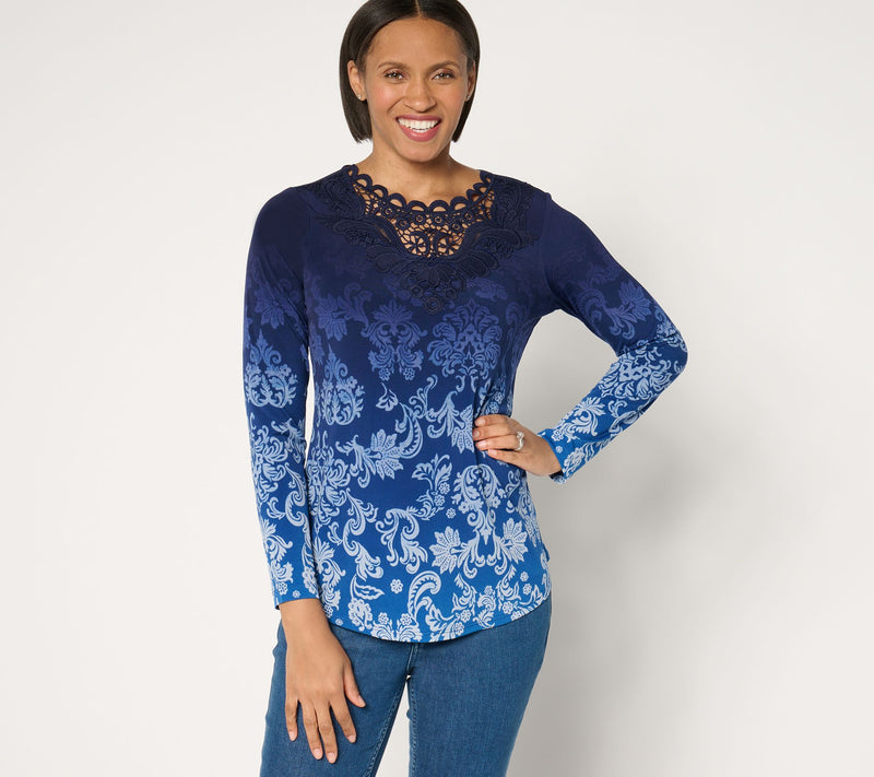 Susan Graver Regular Printed Liquid Knit Top with Lace Applique — View 5